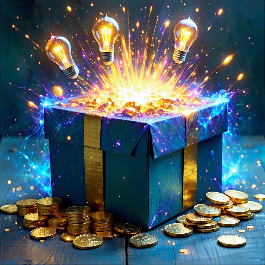 A box that is ready to explode full of magic wonder coins lightbulbs and sparks