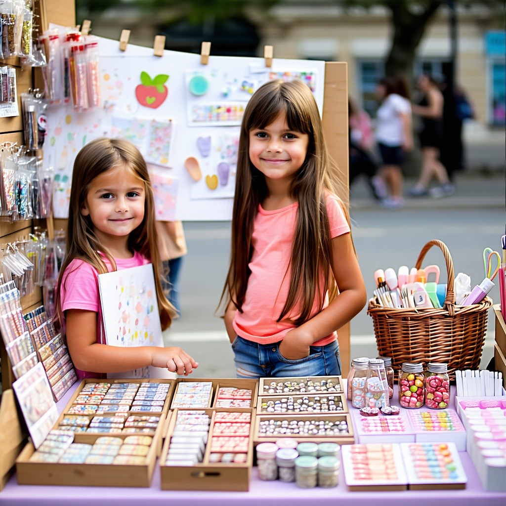 Please generate an image of children aged between 9 and 11 that are having a small stall set up on the street selling small DIY items and having fun