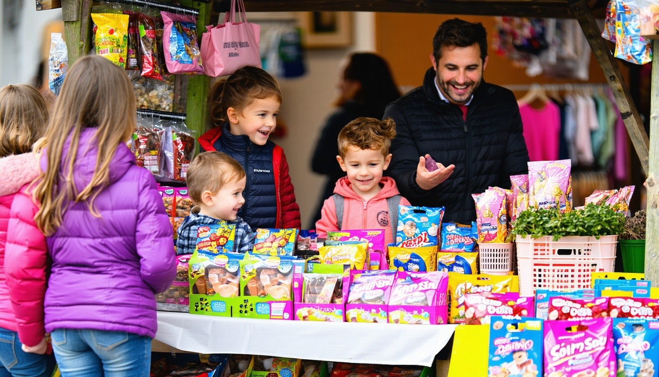 a small stall set up by children that is being visited by neighbours in the community to purchase products Everyone is smiling and happy and admiring the selling children in europe-1