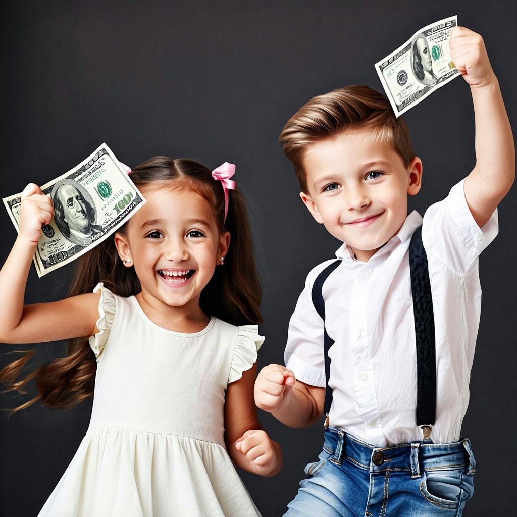 boy and girl holding larger money and dancing girl looks older than the boy