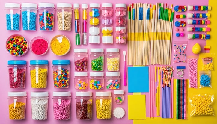 A vibrant display of creative DIY kits filled with colorful ingredients and packaging materials